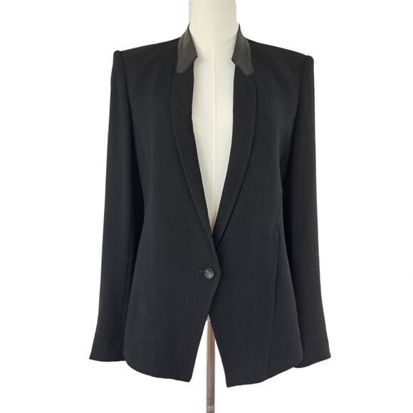 HELMUT LANG Black Leather-trim Wool Blend Crepe Blazer Jacket Size 4 Minimalist - Picture 1 of 9